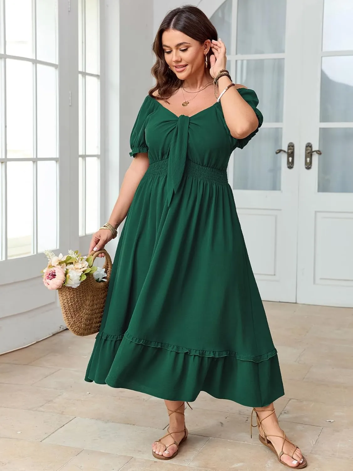 SCOMCHIC Women's Plus Size Summer Dress Casual V Neck Short Sleeve Maxi Dress Bow Tie Boho Swing Flowy Long Dresses