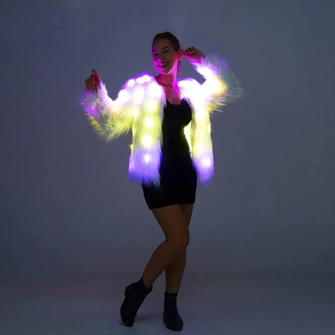 SHINYOU Women Faux Fur Jacket LED Light Up Jacket Halloween Chirstmas Music Festival Gift Winter Night Out Coat Plus Size