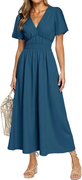 Simplee Women's Summer Flowy Midi Dress Casual V Neck Short Sleeve Empire Waist Boho Beach Dress Wedding Guest Maxi Dress