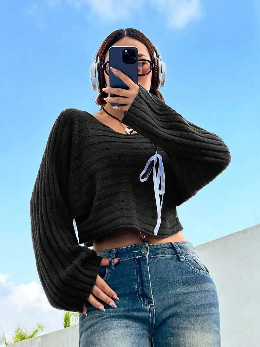 SKAYS Womens Off The Shoulder Cropped Sweater Fall Ribbed Knit Batwing Sleeve Boat Neck Pullover Sweaters Tops