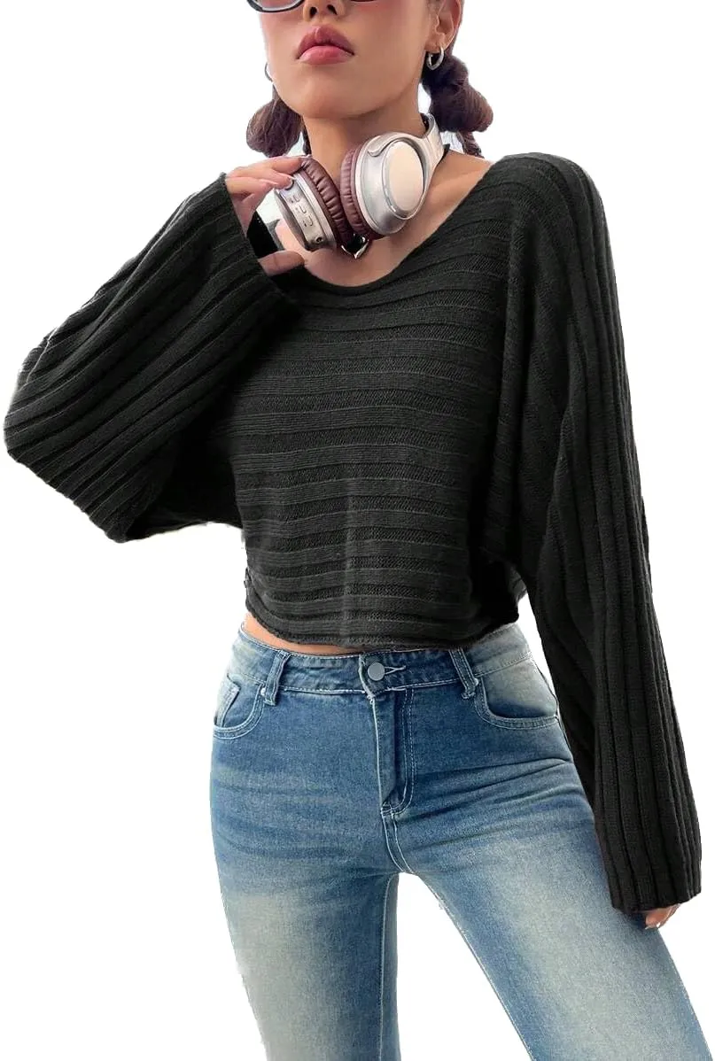 SKAYS Womens Off The Shoulder Cropped Sweater Fall Ribbed Knit Batwing Sleeve Boat Neck Pullover Sweaters Tops