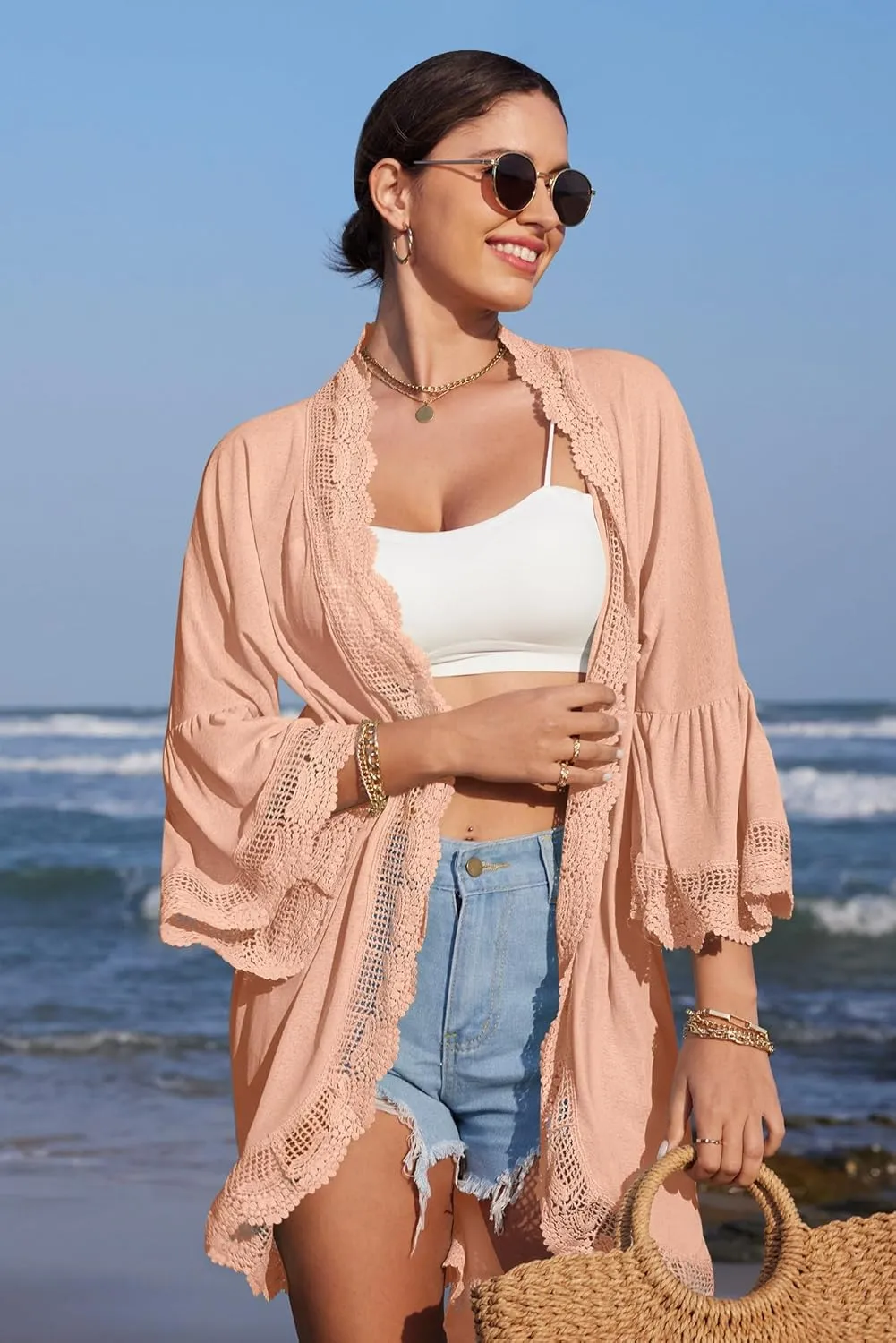 Spadehill Women's Summer Lightweight Cardigan Lace Cover Up 3/4 Sleeve Kimono