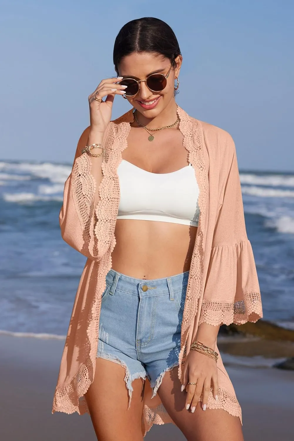 Spadehill Women's Summer Lightweight Cardigan Lace Cover Up 3/4 Sleeve Kimono