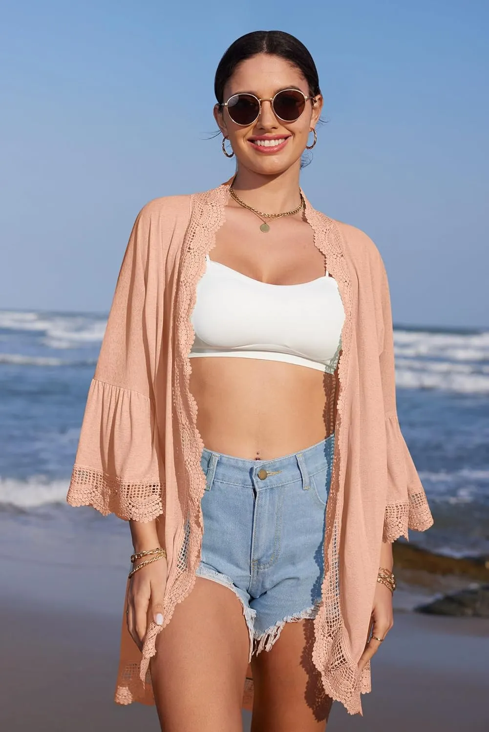 Spadehill Women's Summer Lightweight Cardigan Lace Cover Up 3/4 Sleeve Kimono