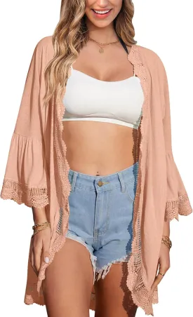 Spadehill Women's Summer Lightweight Cardigan Lace Cover Up 3/4 Sleeve Kimono