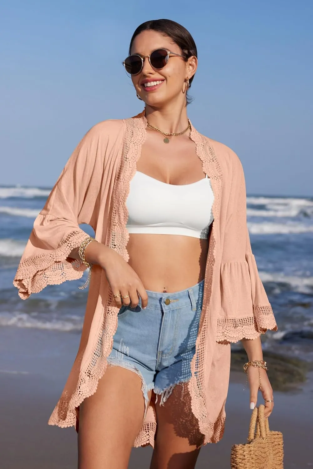 Spadehill Women's Summer Lightweight Cardigan Lace Cover Up 3/4 Sleeve Kimono