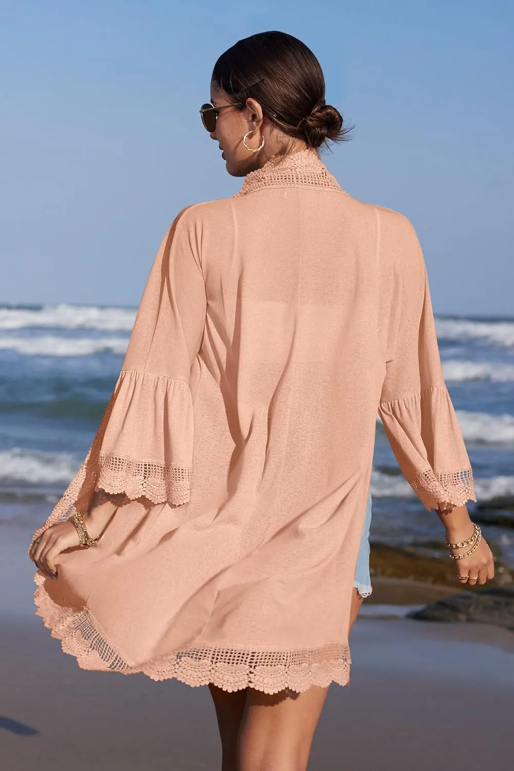 Spadehill Women's Summer Lightweight Cardigan Lace Cover Up 3/4 Sleeve Kimono