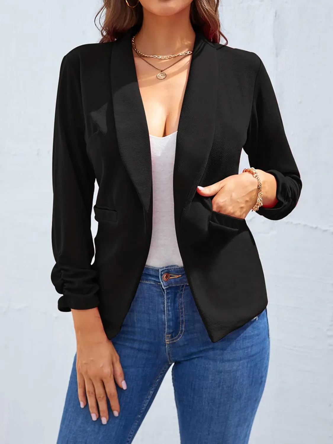 Unifizz Women's 3/4 Sleeve Blazer Lightweight Casual Cardigan Jacket Work Office Blazers with Pockets