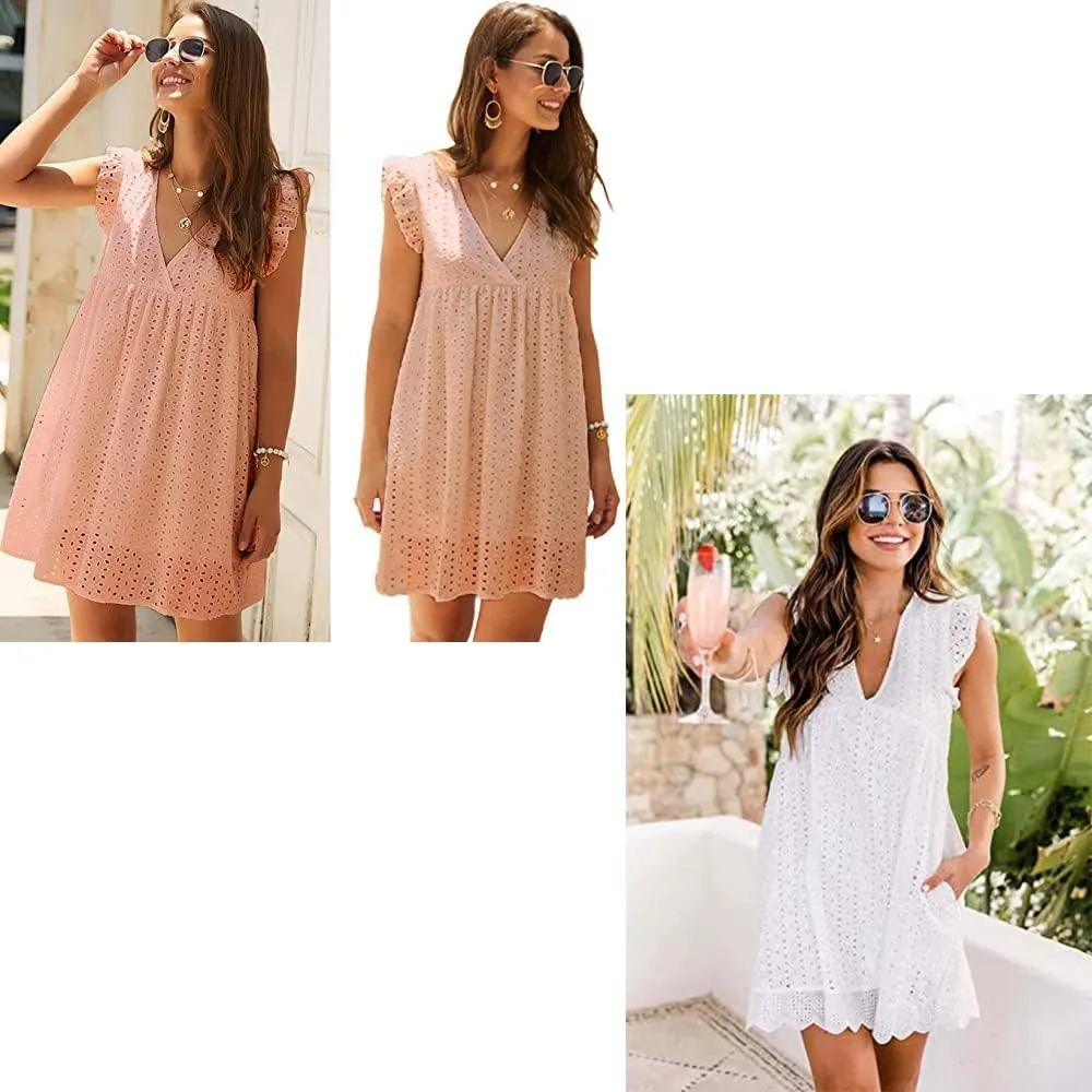 V-Neck Dress Romper with PocketsDress with Shorts Underneath,Eyelet Dress for Women,Ruffle Sleeve with Line