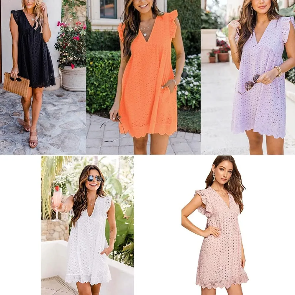 V-Neck Dress Romper with PocketsDress with Shorts Underneath,Eyelet Dress for Women,Ruffle Sleeve with Line