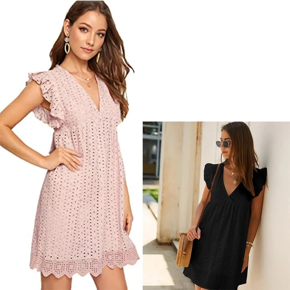 V-Neck Dress Romper with PocketsDress with Shorts Underneath,Eyelet Dress for Women,Ruffle Sleeve with Line