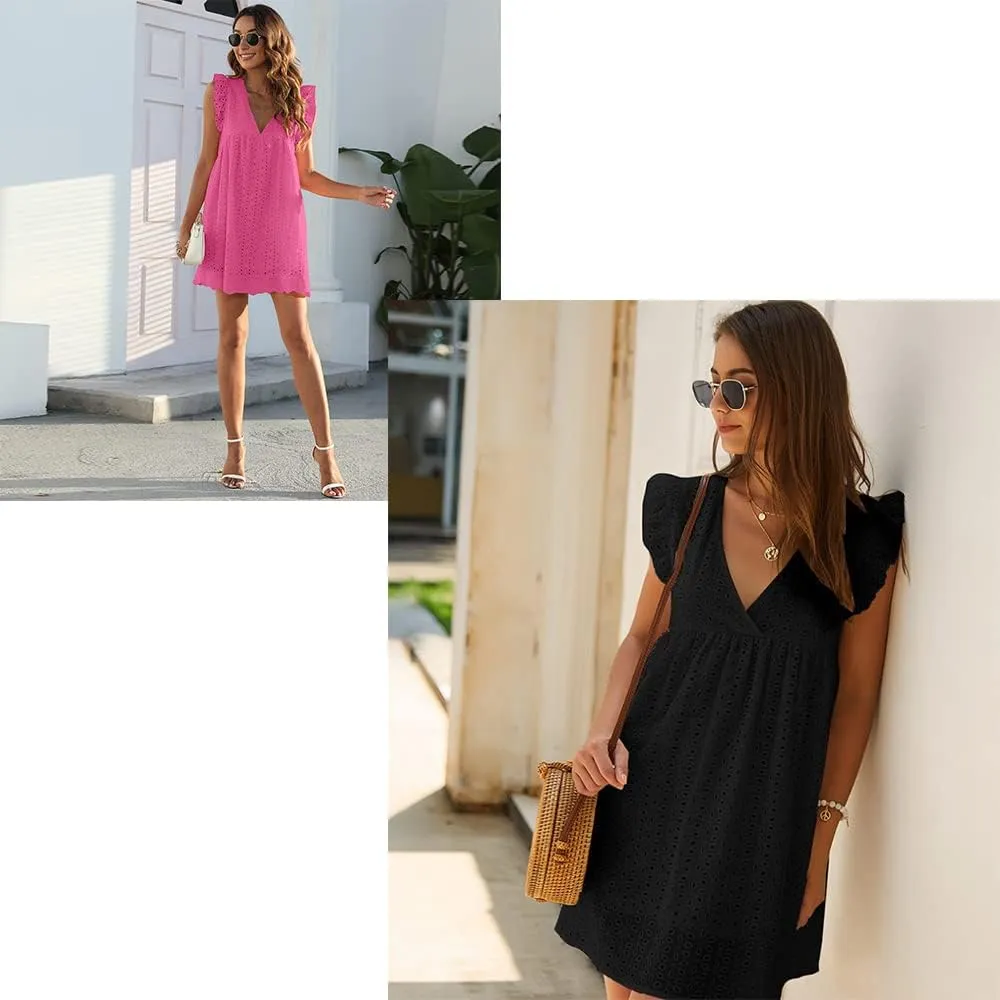 V-Neck Dress Romper with PocketsDress with Shorts Underneath,Eyelet Dress for Women,Ruffle Sleeve with Line
