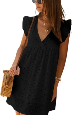 V-Neck Dress Romper with PocketsDress with Shorts Underneath,Eyelet Dress for Women,Ruffle Sleeve with Line