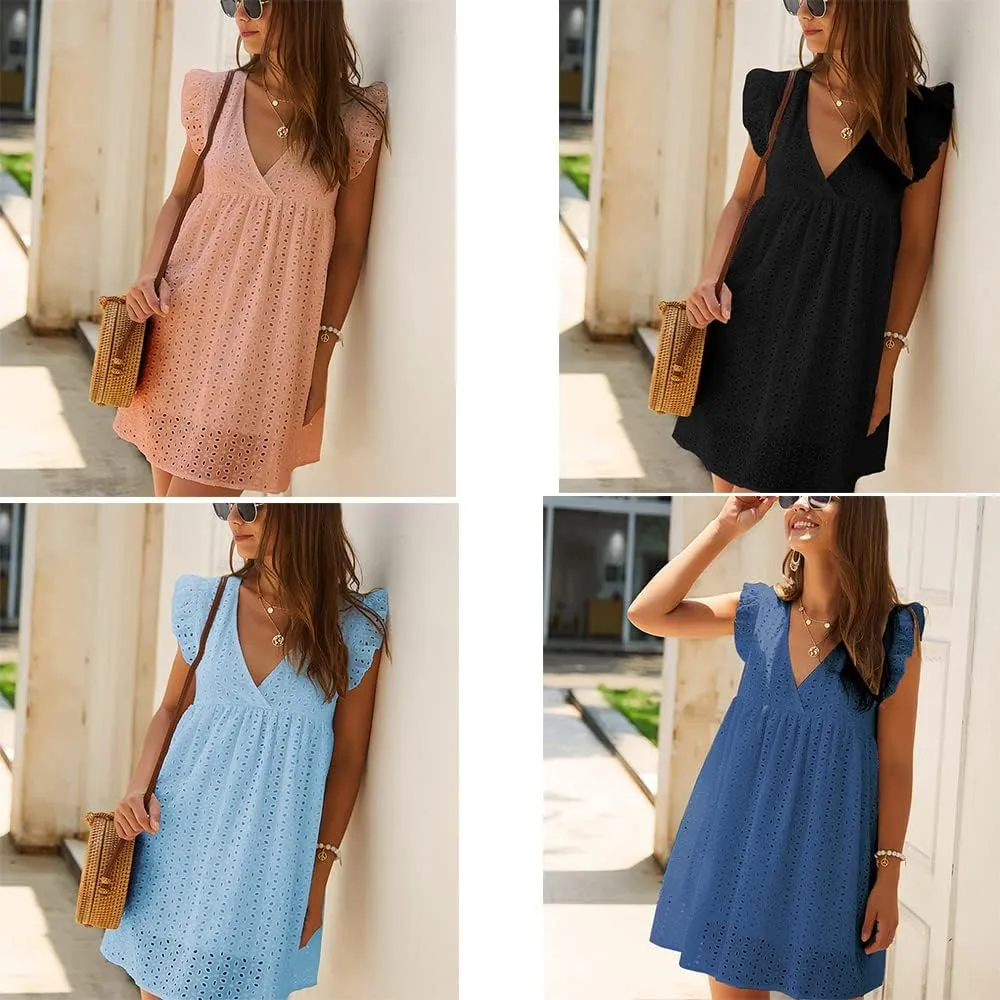 V-Neck Dress Romper with PocketsDress with Shorts Underneath,Eyelet Dress for Women,Ruffle Sleeve with Line