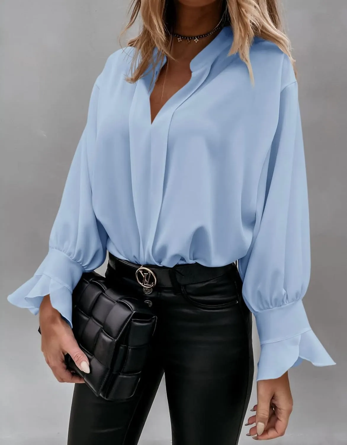 Valphsio Women's Elegant Tops Balloon Sleeve Formal Pleated Shirts V Neck Chiffon Blouses