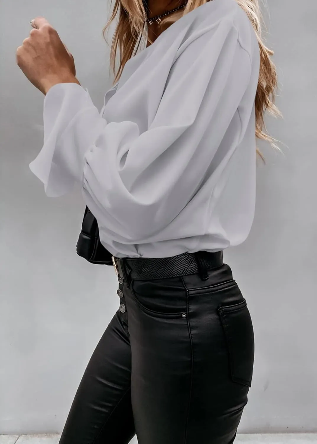 Valphsio Women's Elegant Tops Balloon Sleeve Formal Pleated Shirts V Neck Chiffon Blouses