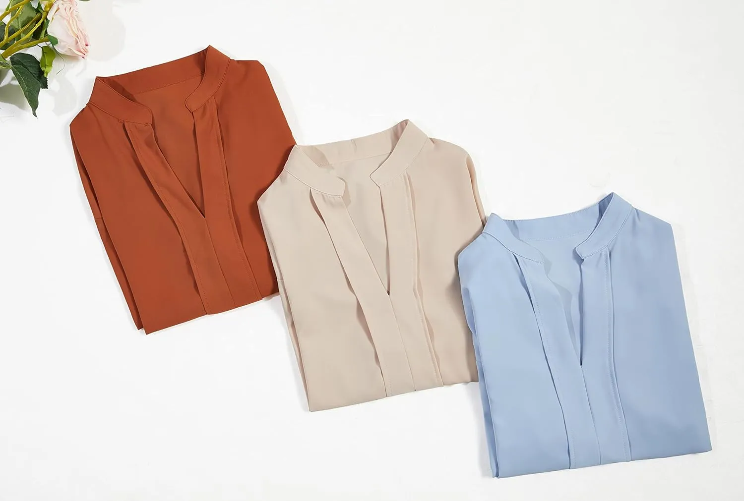 Valphsio Women's Elegant Tops Balloon Sleeve Formal Pleated Shirts V Neck Chiffon Blouses