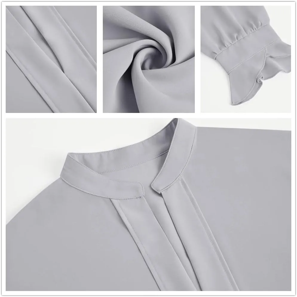 Valphsio Women's Elegant Tops Balloon Sleeve Formal Pleated Shirts V Neck Chiffon Blouses