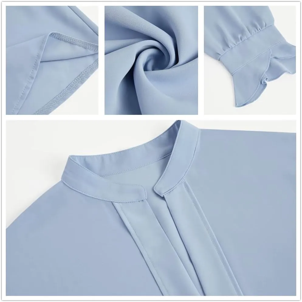 Valphsio Women's Elegant Tops Balloon Sleeve Formal Pleated Shirts V Neck Chiffon Blouses