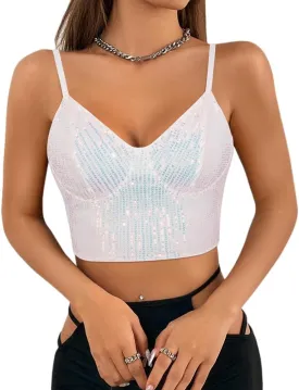 Vimoisa Women Reflective Metallic Tank Top Bustier Spaghetti Strap Crop Top Tight Sleeveless Tube Top Vest Blouse