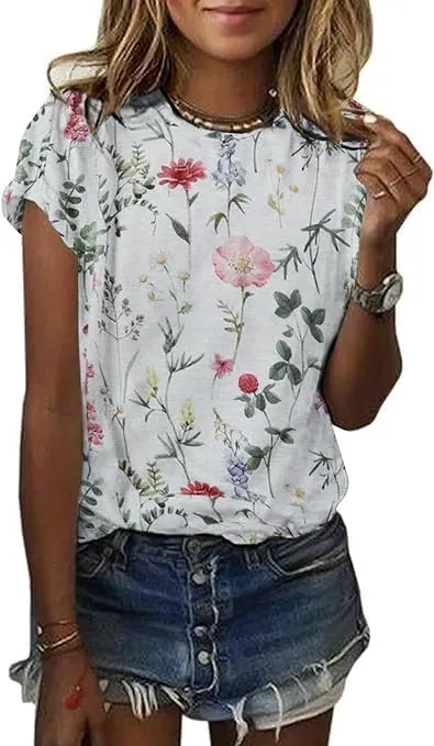 Vintage Wildflowers Graphic Shirt Women's Casual Holiday Short Sleeved T-Shirt Boho Floral Printed Tee Fall Tops