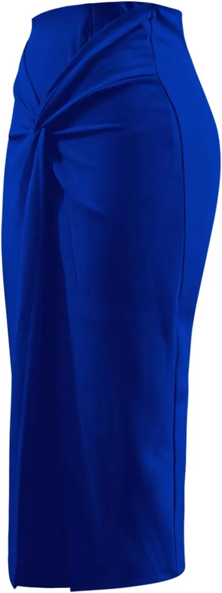 Wear to Work Pencil Skirts for Women Twist Front Elastic High Waist Split Thigh Business Skirt