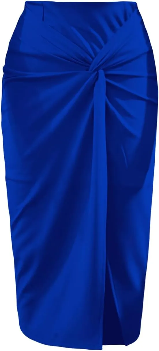 Wear to Work Pencil Skirts for Women Twist Front Elastic High Waist Split Thigh Business Skirt