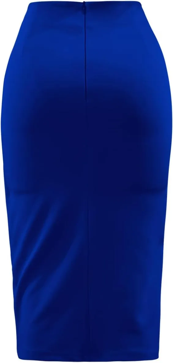 Wear to Work Pencil Skirts for Women Twist Front Elastic High Waist Split Thigh Business Skirt