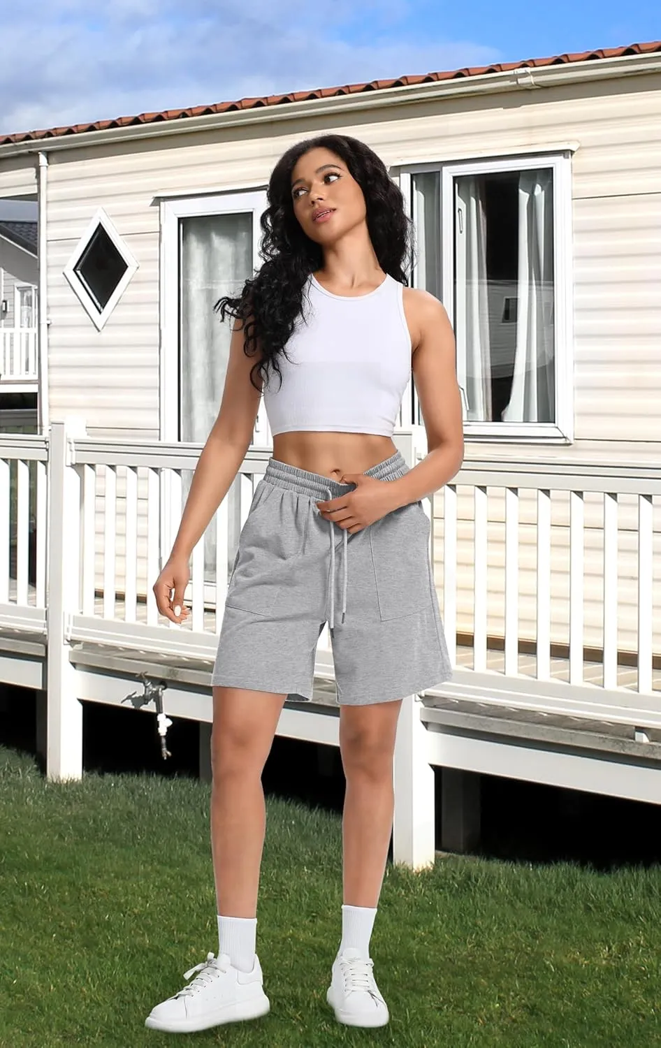 Women Cotton Sweat Shorts Casual Summer High Waist Loose Drawstring Athletic Shorts with Pockets