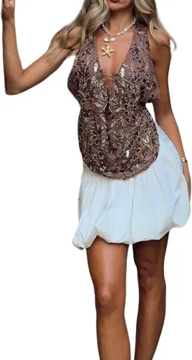 Women Sequin Cami Top Sexy Beaded Sleeveless Halter Crop Top Summer Glitter Backless Club Party Streetwear