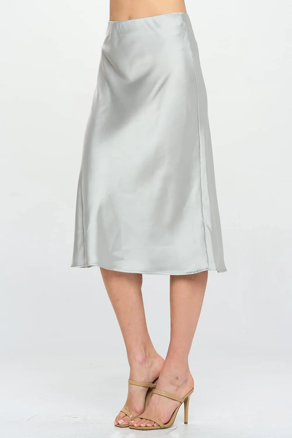 Women Solid High Waist Silky Casual Elastic Satin Midi Skirt -Made in USA (Available in Plus Size)