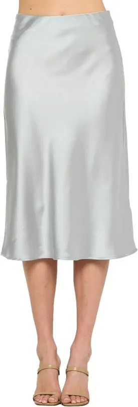 Women Solid High Waist Silky Casual Elastic Satin Midi Skirt -Made in USA (Available in Plus Size)
