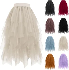 Women Tulle Skirt High Low Asymmetrical Midi Length Elastic Waist Tutu Layered Puffy Fairy Dress Costume