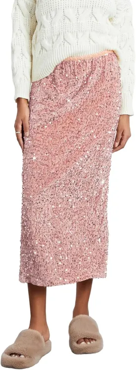 Women's Elegant Sparkly Sequin Midi Skirt Elastic High Waist Shiny Glitter Pencil Formal Party Long Skirt