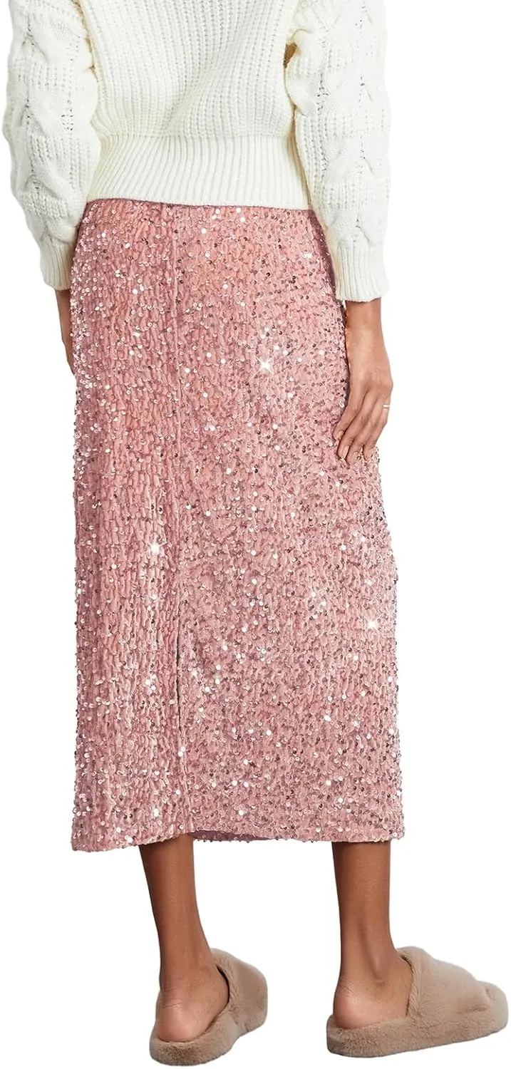 Women's Elegant Sparkly Sequin Midi Skirt Elastic High Waist Shiny Glitter Pencil Formal Party Long Skirt