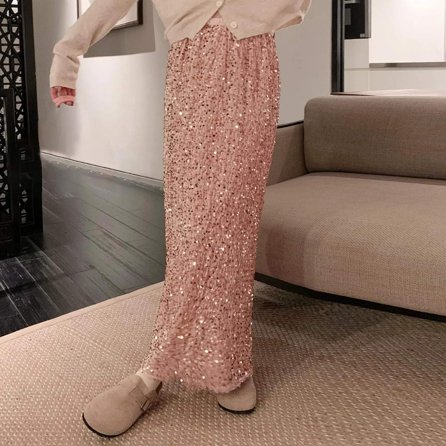 Women's Elegant Sparkly Sequin Midi Skirt Elastic High Waist Shiny Glitter Pencil Formal Party Long Skirt