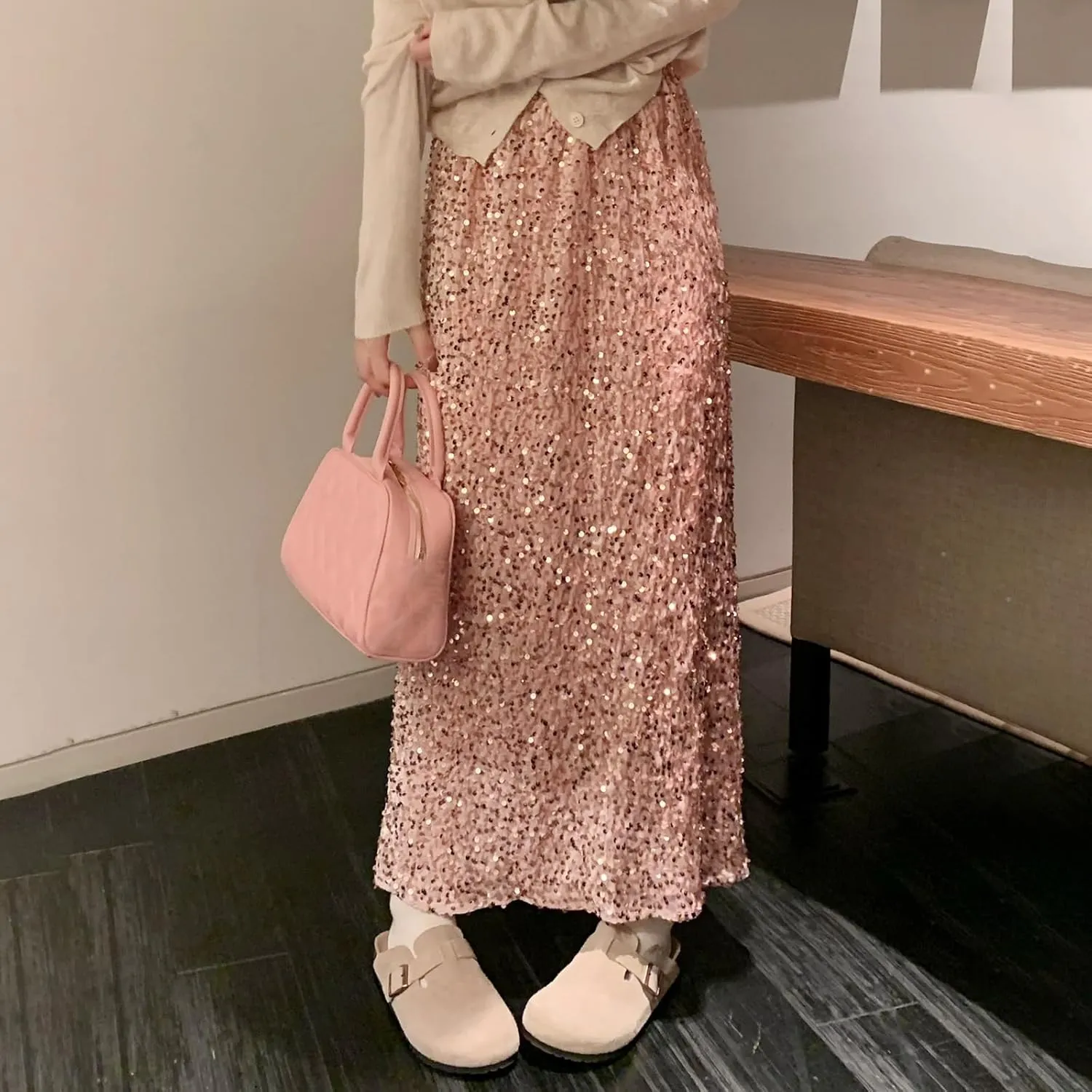 Women's Elegant Sparkly Sequin Midi Skirt Elastic High Waist Shiny Glitter Pencil Formal Party Long Skirt