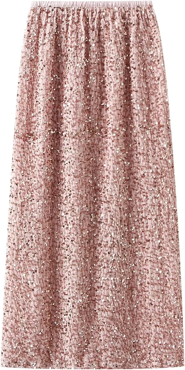 Women's Elegant Sparkly Sequin Midi Skirt Elastic High Waist Shiny Glitter Pencil Formal Party Long Skirt