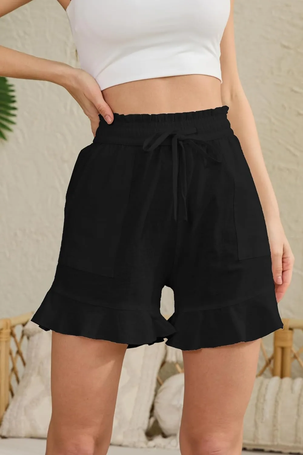 Womens Linen Shorts Summer Casual High Wasited Ruffle Wide Leg Drawstring Beach Loose Shorts