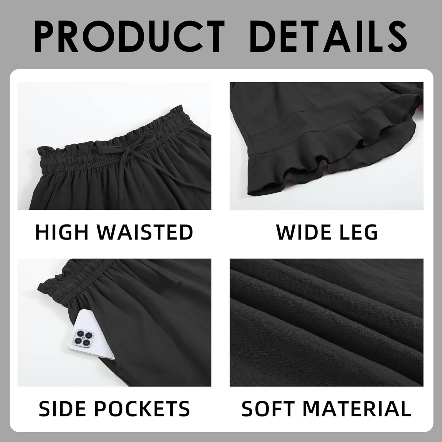 Womens Linen Shorts Summer Casual High Wasited Ruffle Wide Leg Drawstring Beach Loose Shorts