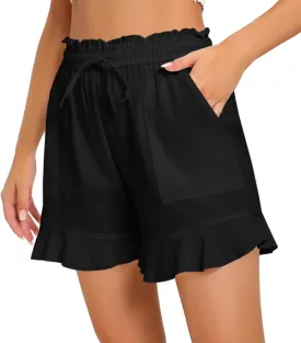 Womens Linen Shorts Summer Casual High Wasited Ruffle Wide Leg Drawstring Beach Loose Shorts