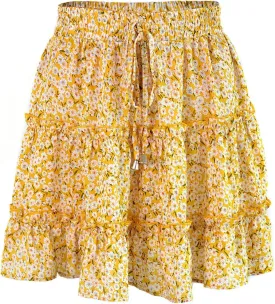 Women's Mini Skirt Summer Casual Stretch Waist Print Pleated Flared A Line Skater Shirt, S-2XL