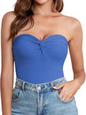 Womens Strapless Tube Tops Cute Knit Tank Top Sexy Ribbed Twisted Knot Front Sleeveless Backless Y2K Going Out Cami Tank Top