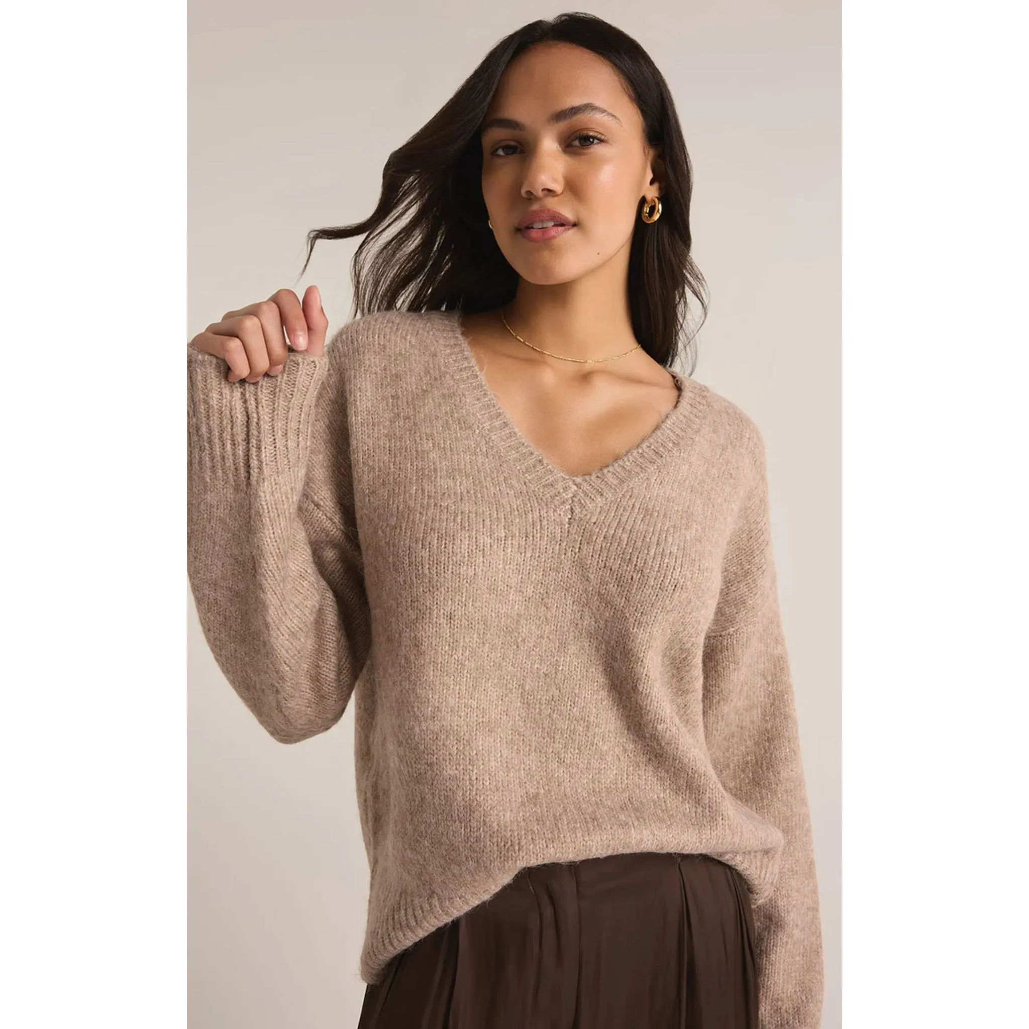 Z Supply All I Want V-Neck Sweater in Heather Taupe