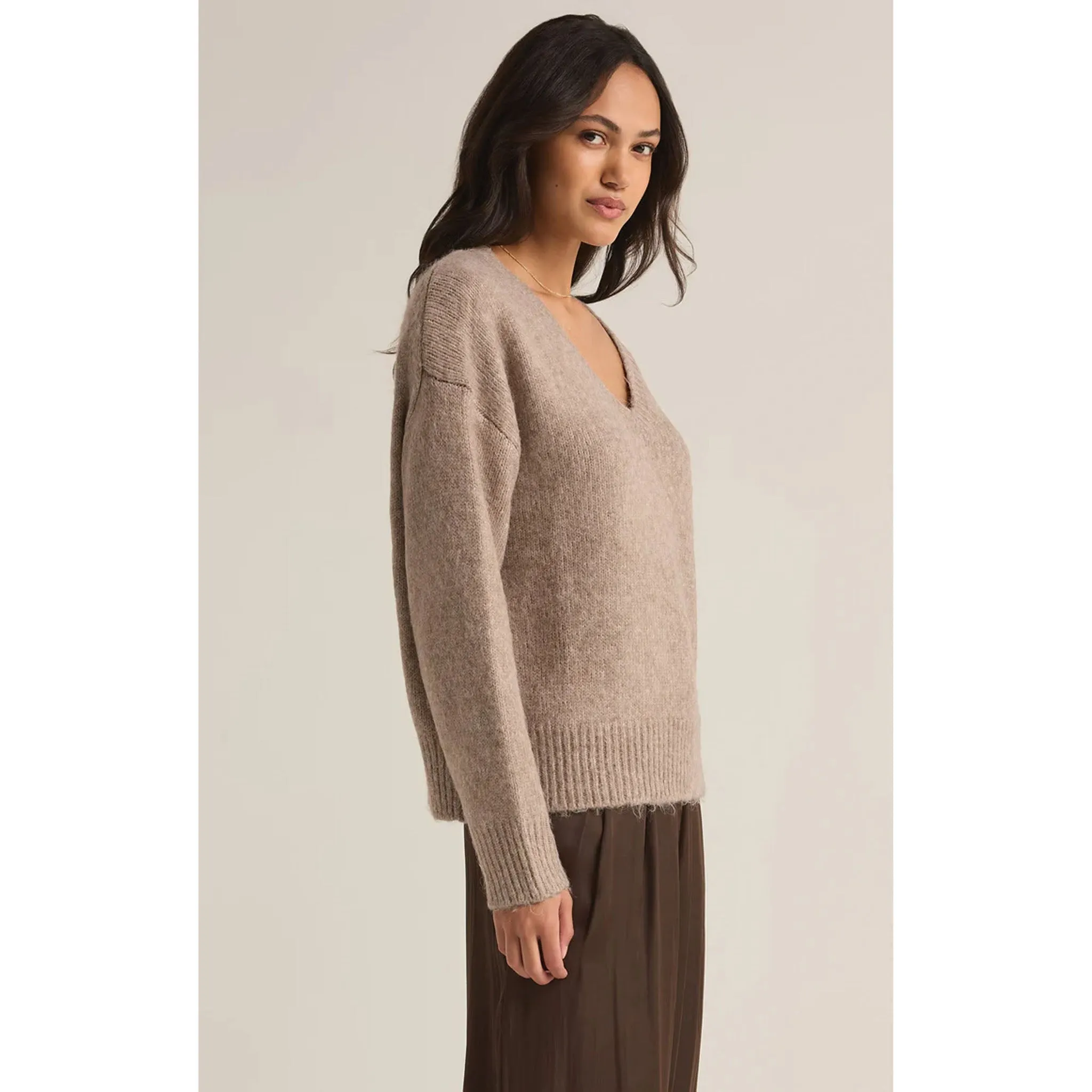 Z Supply All I Want V-Neck Sweater in Heather Taupe